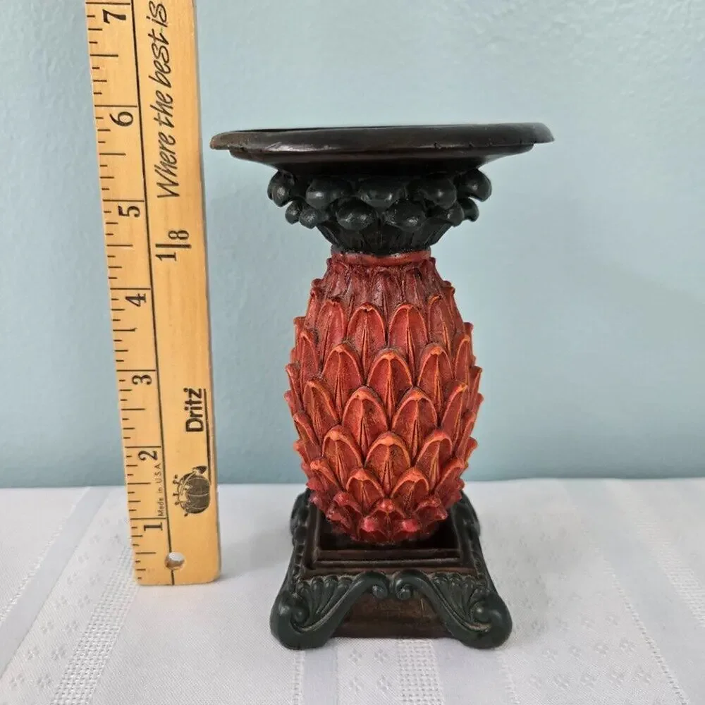 Pillar Candle Pedestals Carved Resin Tropical Bohemian Pineapple Style Set of 2